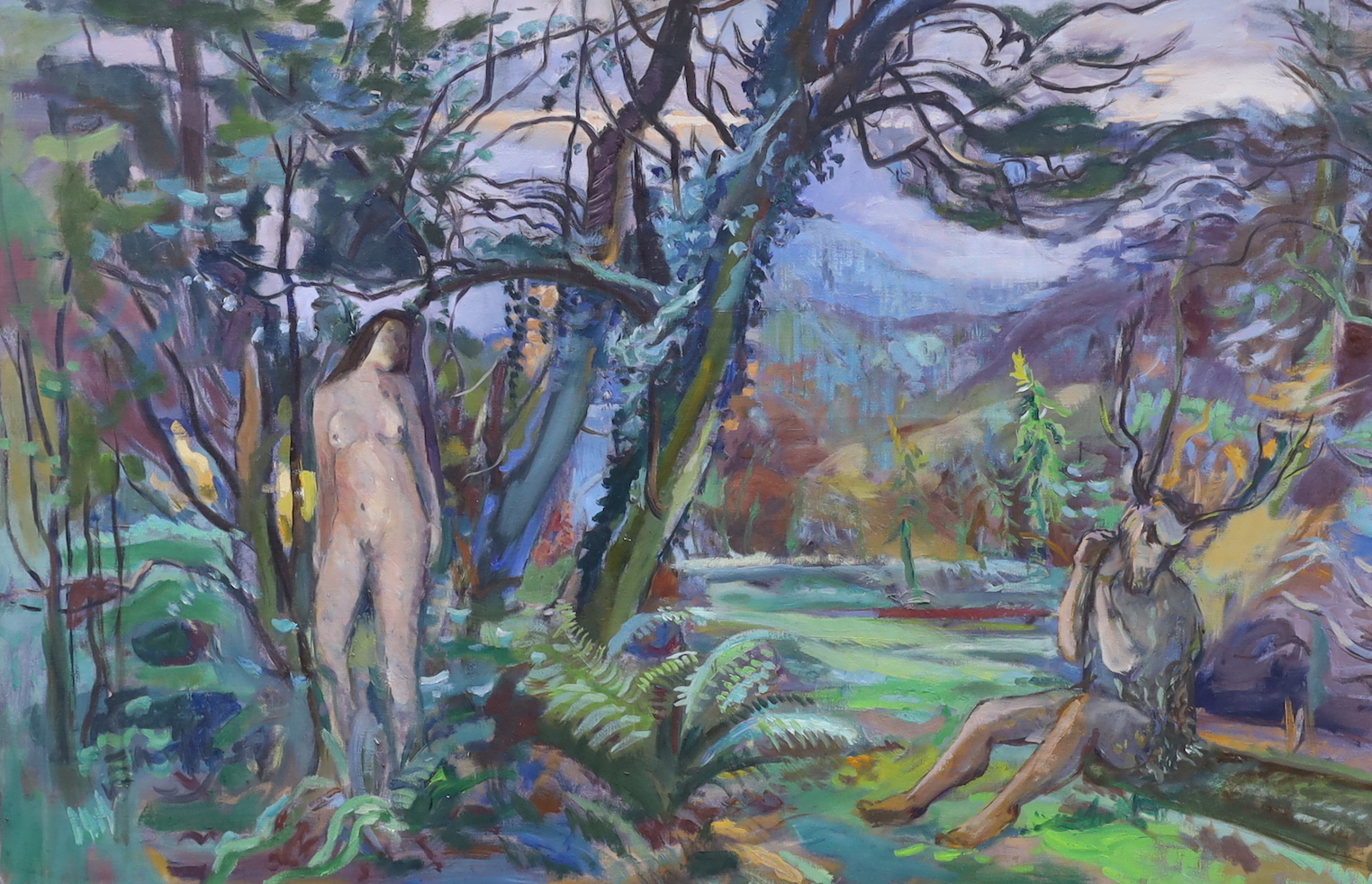 Phyllis Bray (1911-1991), oil on canvas, Two nude figures in a landscape, partial label and stamp verso, 60 x 90cm